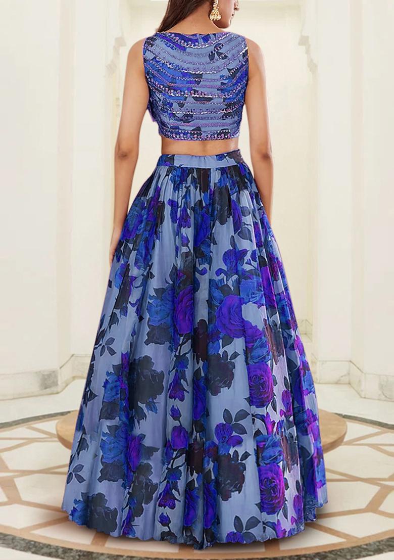 Blue Lehenga Set With Hand Embroidered Blouse And Dupatta