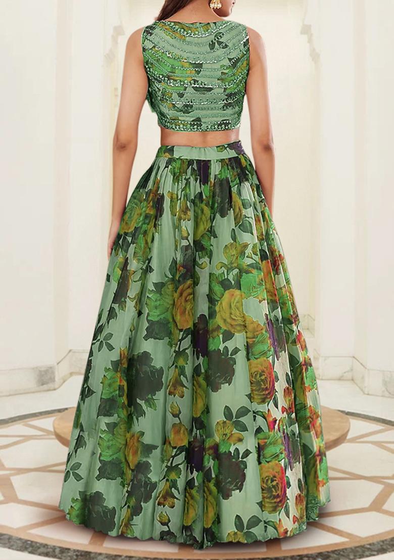 Green Lehenga Set With Hand Embroidered Blouse And Dupatta