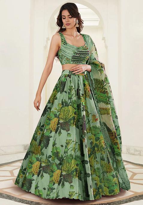 Green Lehenga Set With Hand Embroidered Blouse And Dupatta