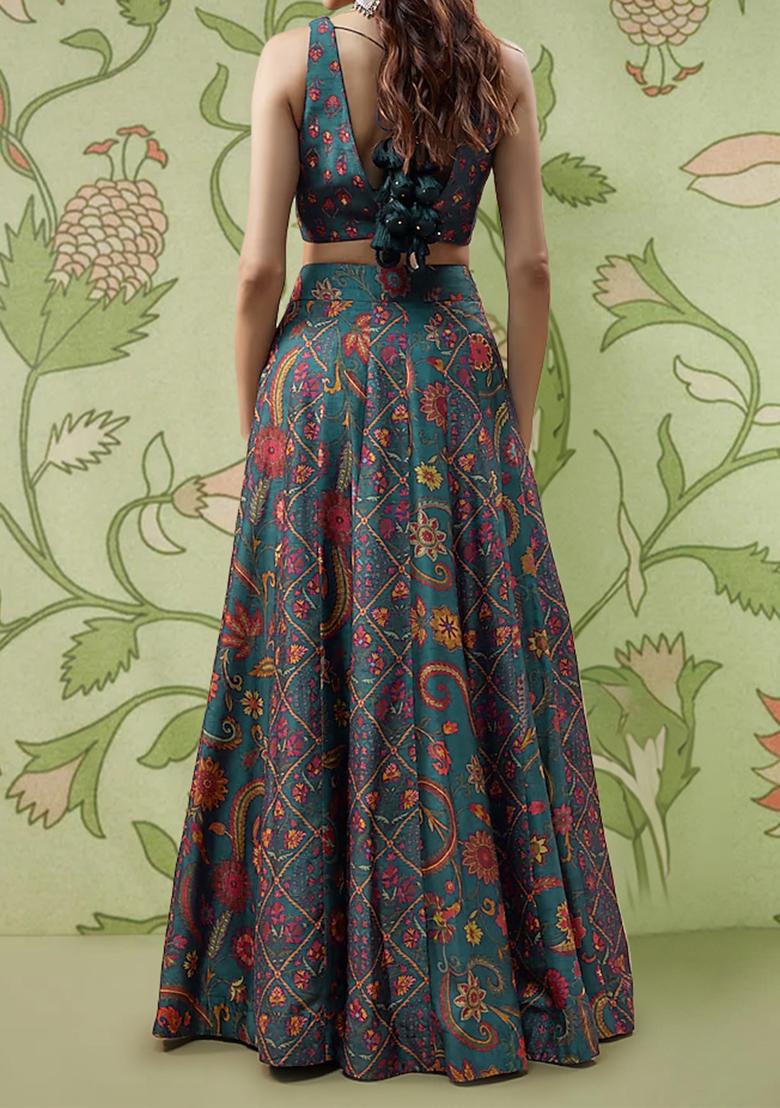 Teal Green Lehenga Set With Hand Embroidered Blouse And Dupatta