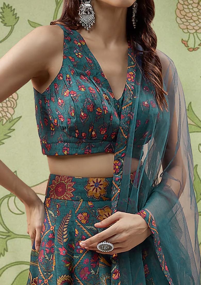 Teal Green Lehenga Set With Hand Embroidered Blouse And Dupatta
