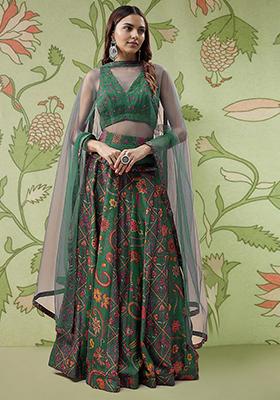 Dark Green Lehenga Set With Hand Embroidered Blouse And Dupatta