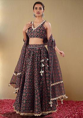 Black Lehenga Set With Hand Embroidered Blouse And Dupatta