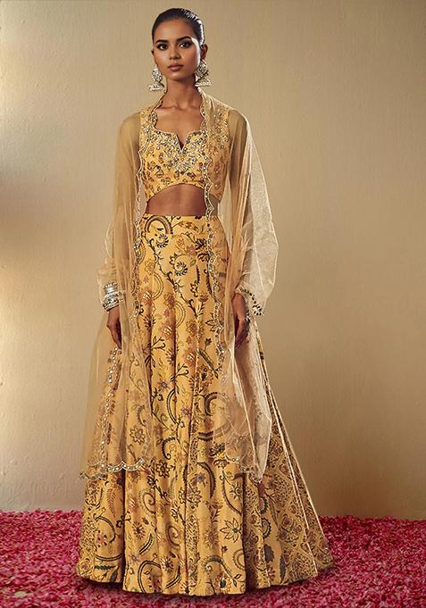 Golden Lehenga Set With Hand Embroidered Blouse And Dupatta