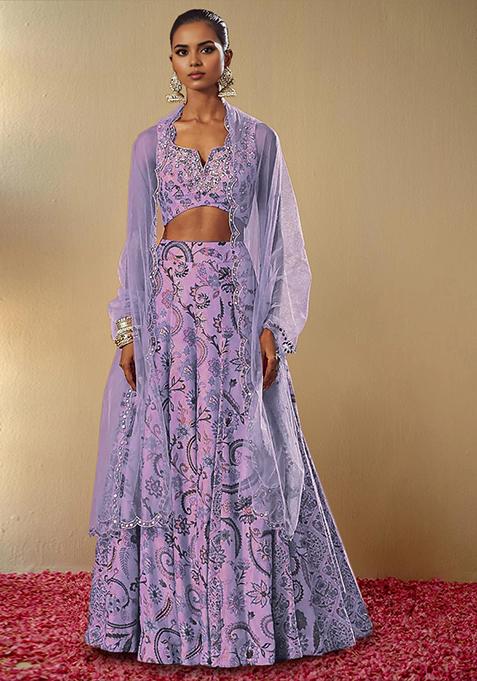 Lavender Lehenga Set With Hand Embroidered Blouse And Dupatta