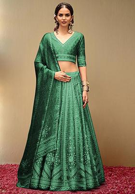 Teal Green Lehenga Set With Hand Embroidered Blouse And Dupatta