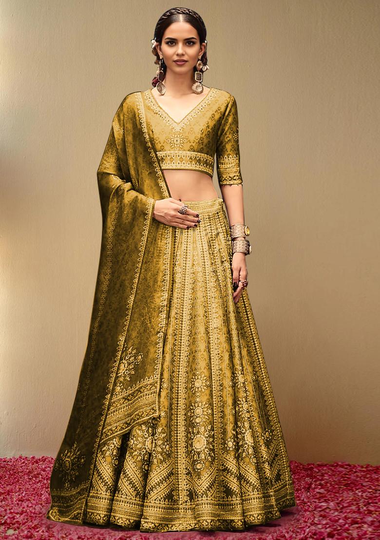 Buy Women Golden Lehenga Set With Hand Embroidered Blouse And