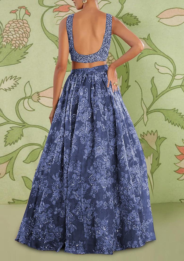 Blue Lehenga Set With Hand Embroidered Blouse And Dupatta