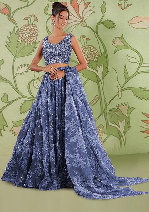 Blue Lehenga Set With Hand Embroidered Blouse And Dupatta