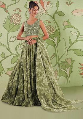 Olive Green Lehenga Set With Hand Embroidered Blouse And Dupatta