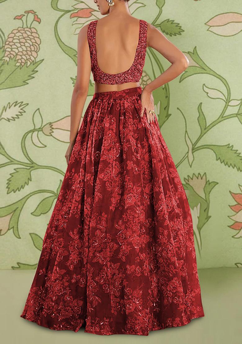 Maroon Lehenga Set With Hand Embroidered Blouse And Dupatta