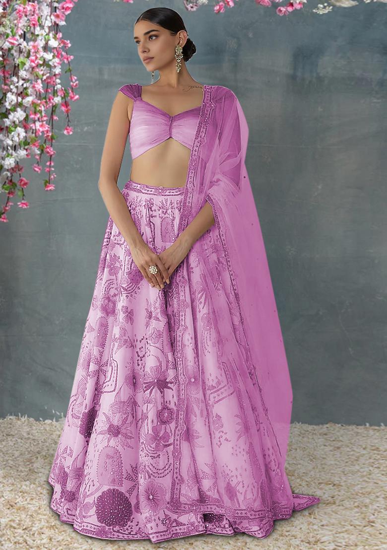Pink Lehenga Set With Hand Embroidered Blouse And Dupatta