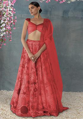 Red Lehenga Set With Hand Embroidered Blouse And Dupatta