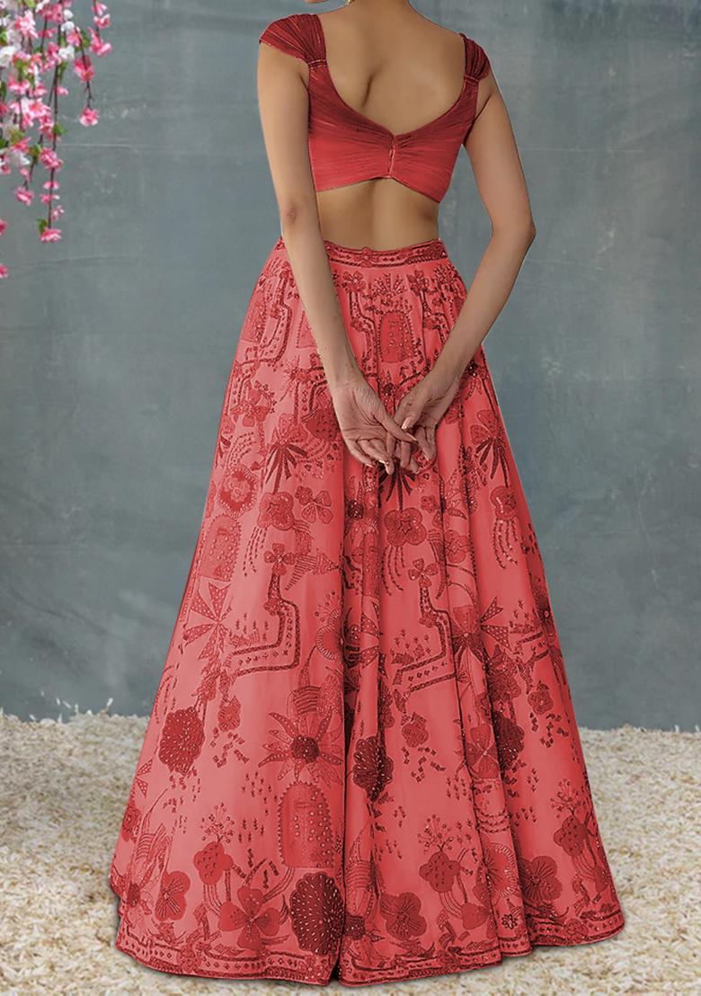 Red Lehenga Set With Hand Embroidered Blouse And Dupatta
