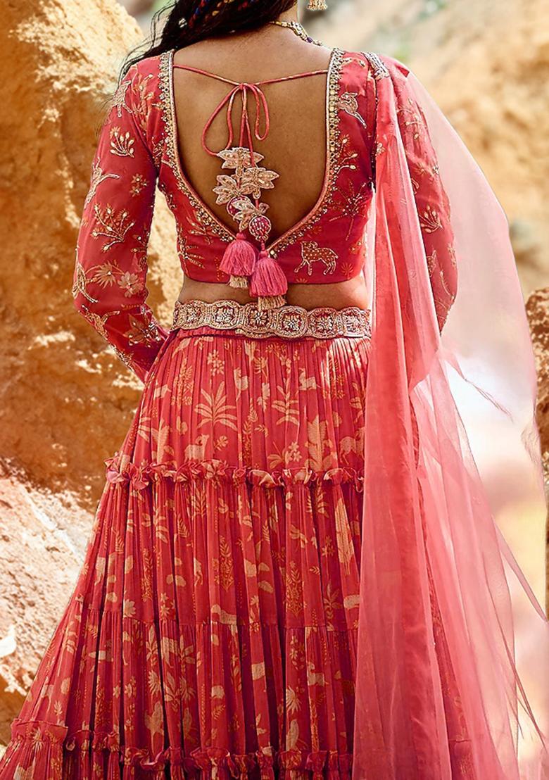 Red Lehenga Set With Hand Embroidered Blouse And Dupatta