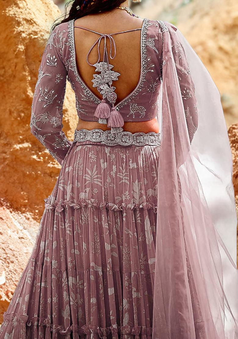 Coral Lehenga Set With Hand Embroidered Blouse And Dupatta