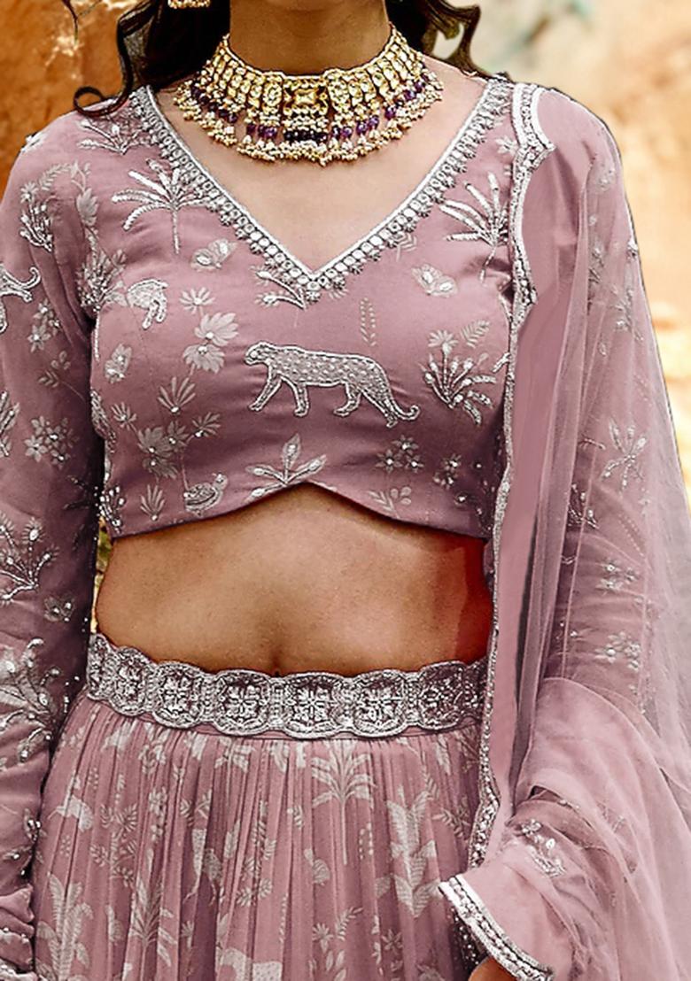 Coral Lehenga Set With Hand Embroidered Blouse And Dupatta