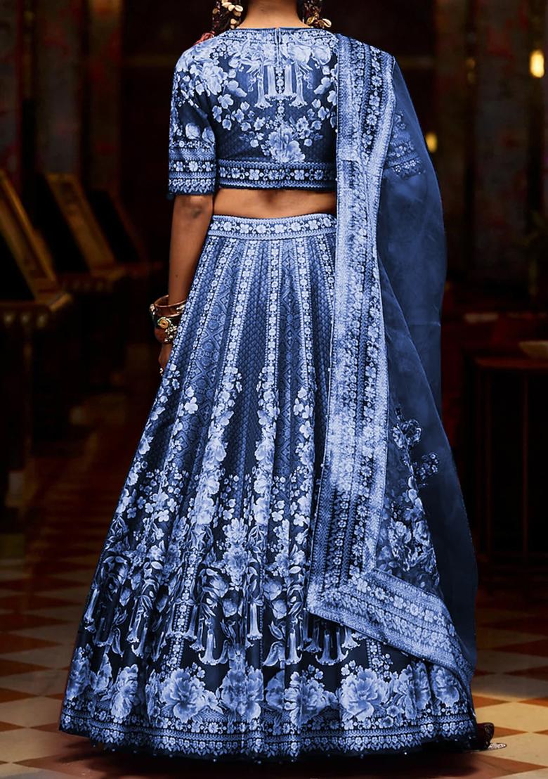 Dark Blue Lehenga Set With Hand Embroidered Blouse And Dupatta