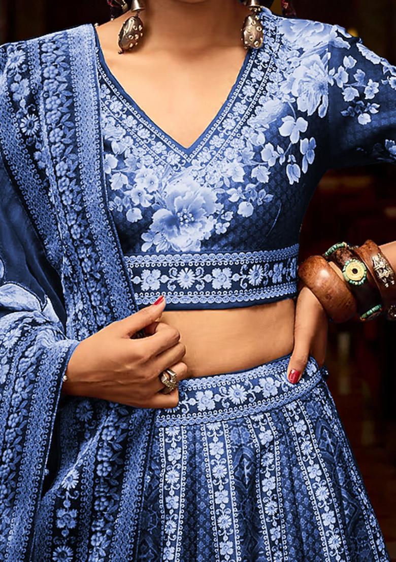 Dark Blue Lehenga Set With Hand Embroidered Blouse And Dupatta