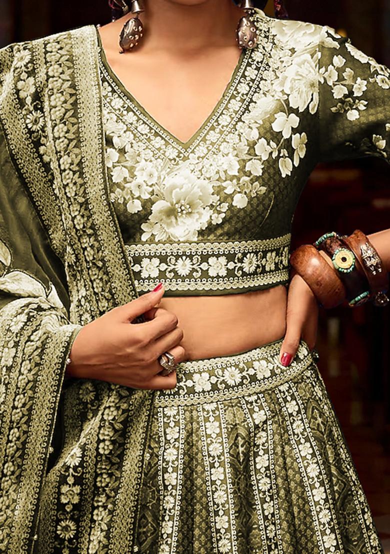 Green Lehenga Set With Hand Embroidered Blouse And Dupatta