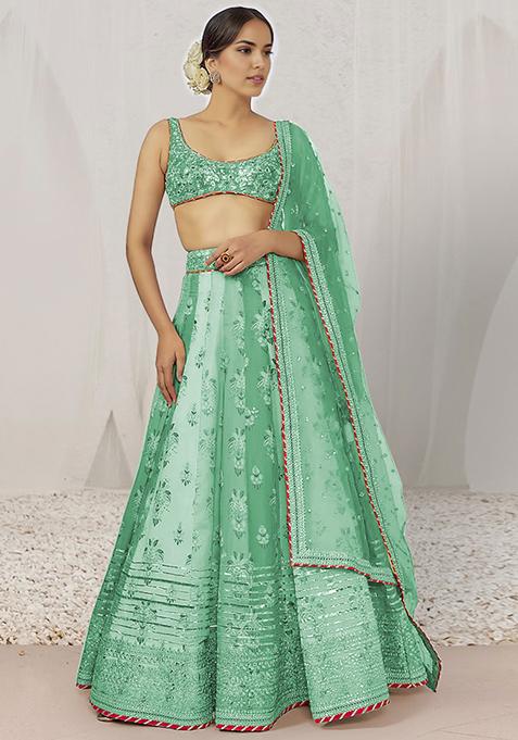 Green Lehenga Set With Hand Embroidered Blouse And Dupatta