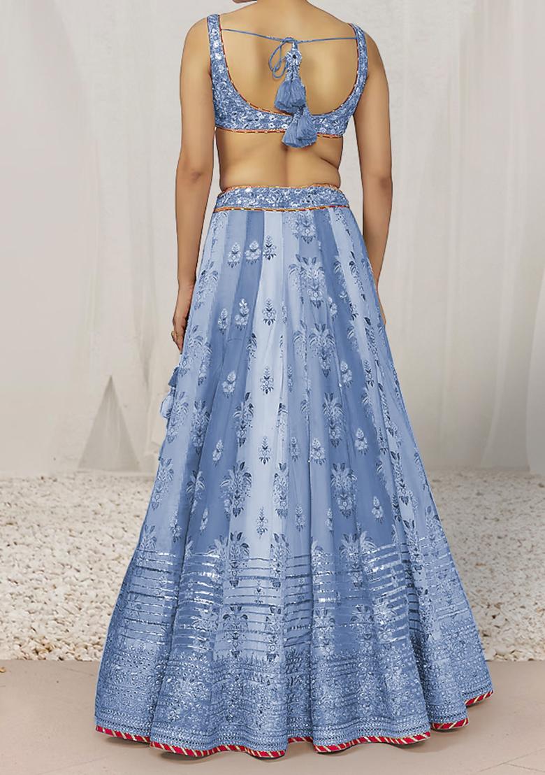 Blue Lehenga Set With Hand Embroidered Blouse And Dupatta