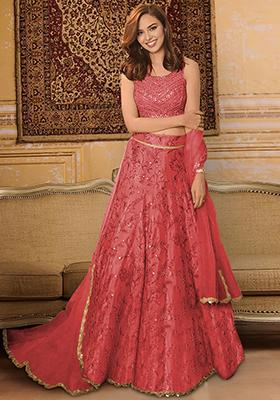 Red Lehenga Set With Hand Embroidered Blouse And Dupatta