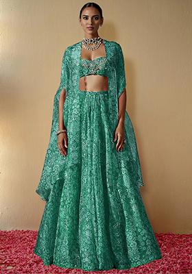 Teal Green Lehenga Set With Hand Embroidered Blouse And Jacket