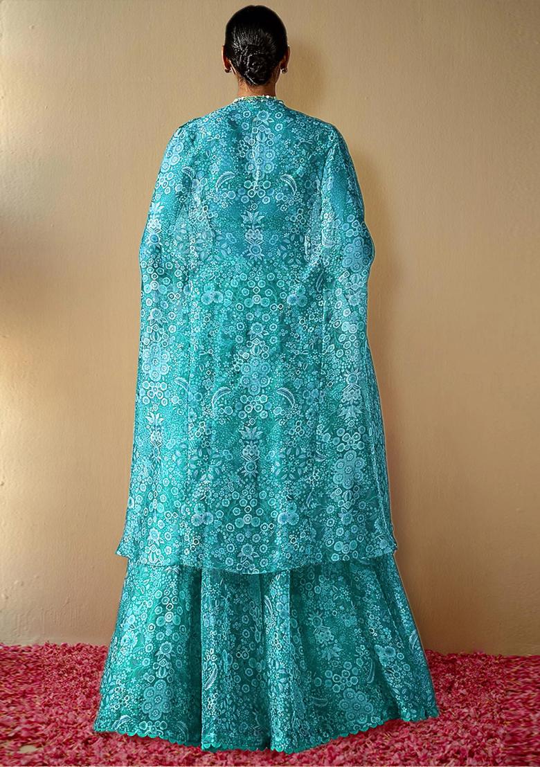 Sea Blue Lehenga Set With Hand Embroidered Blouse And Jacket