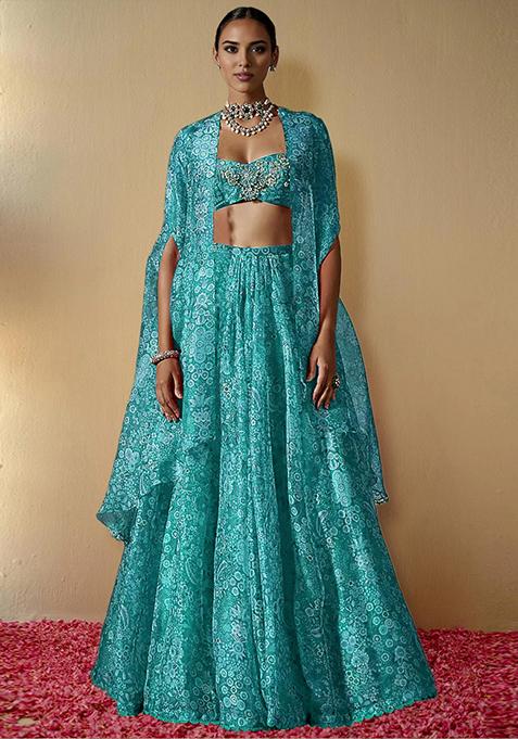 Sea Blue Lehenga Set With Hand Embroidered Blouse And Jacket