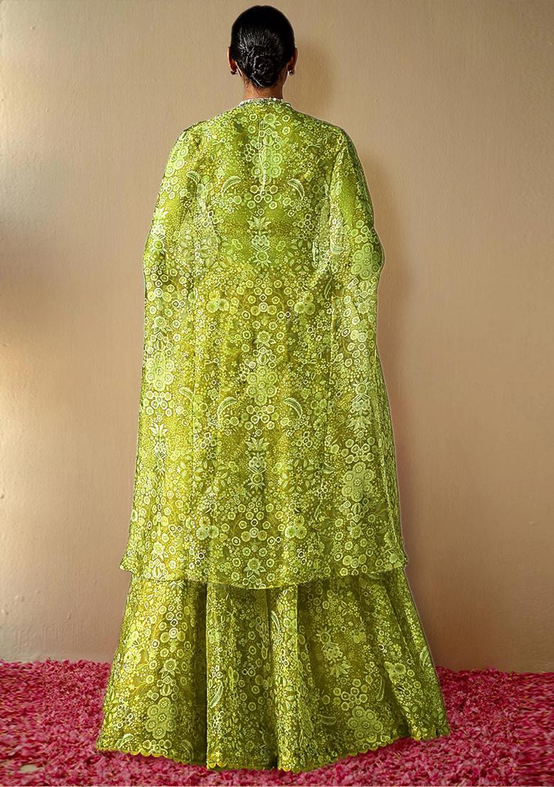 Lime Green Lehenga Set With Hand Embroidered Blouse And Jacket