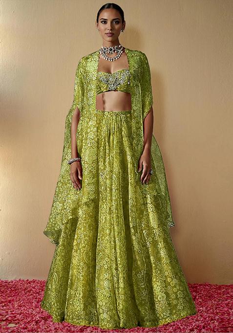 Lime Green Lehenga Set With Hand Embroidered Blouse And Jacket