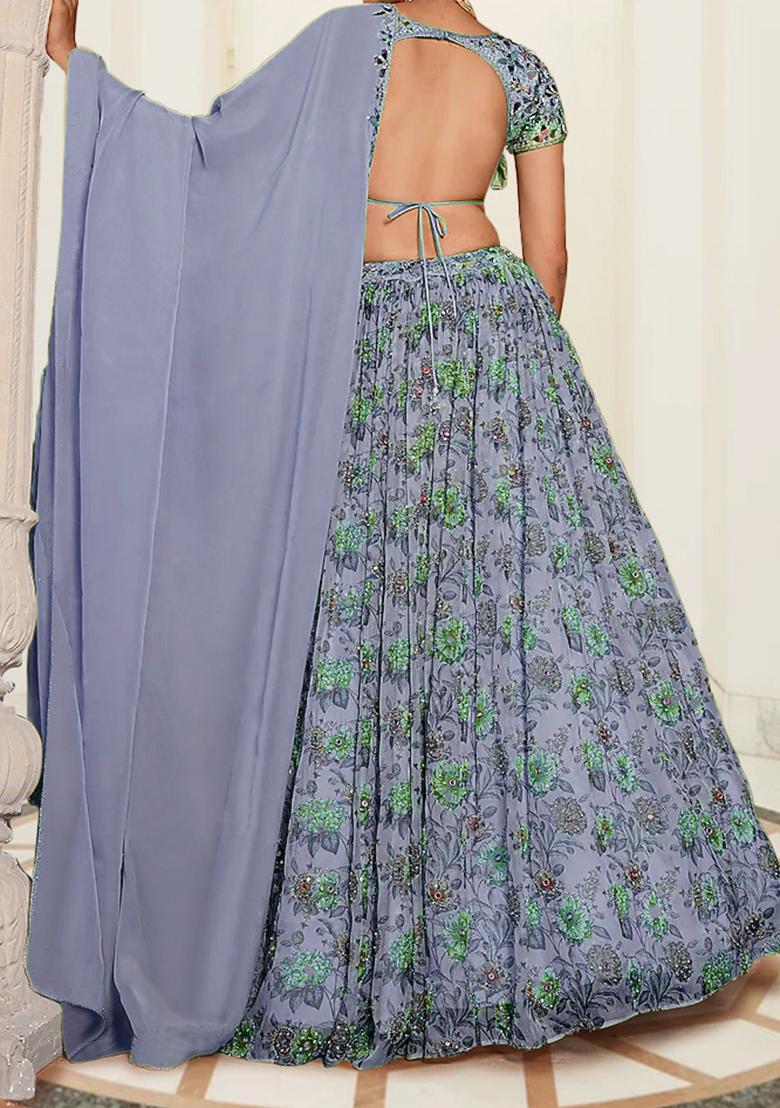 Blue Lehenga Set With Hand Embroidered Blouse And Dupatta