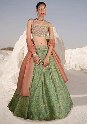 Peach And Green Lehenga Set With Hand Embroidered Blouse And Dupatta