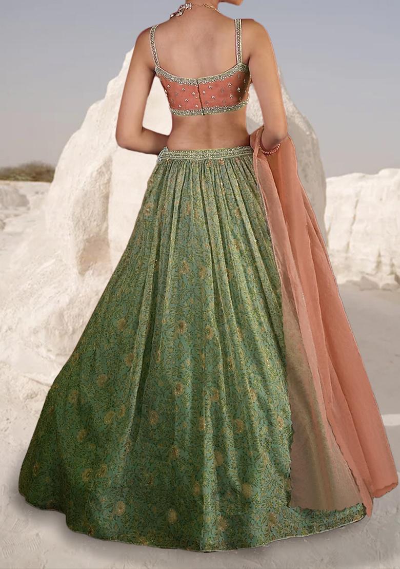 Peach And Green Lehenga Set With Hand Embroidered Blouse And Dupatta
