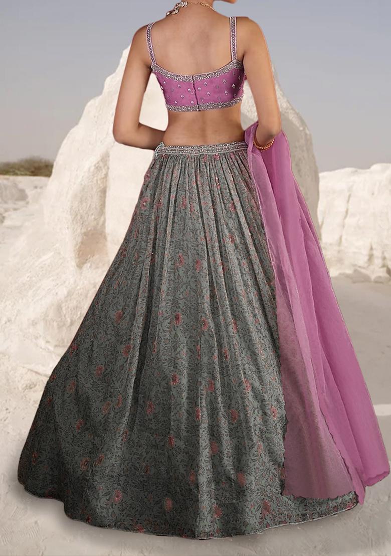 Pink And Sage Green Lehenga Set With Hand Embroidered Blouse And Dupatta