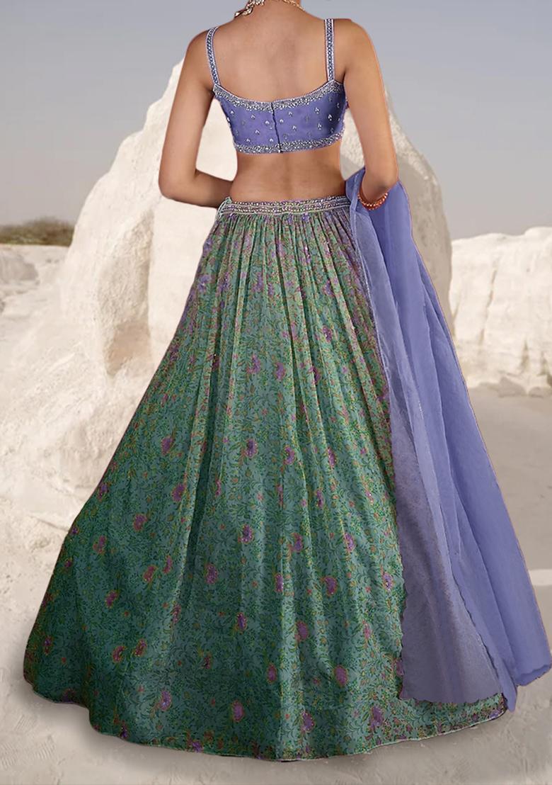 Lilac And Green Lehenga Set With Hand Embroidered Blouse And Dupatta