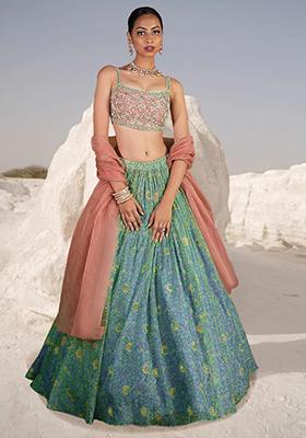 Blush Pink And Green Lehenga Set With Hand Embroidered Blouse And Dupatta