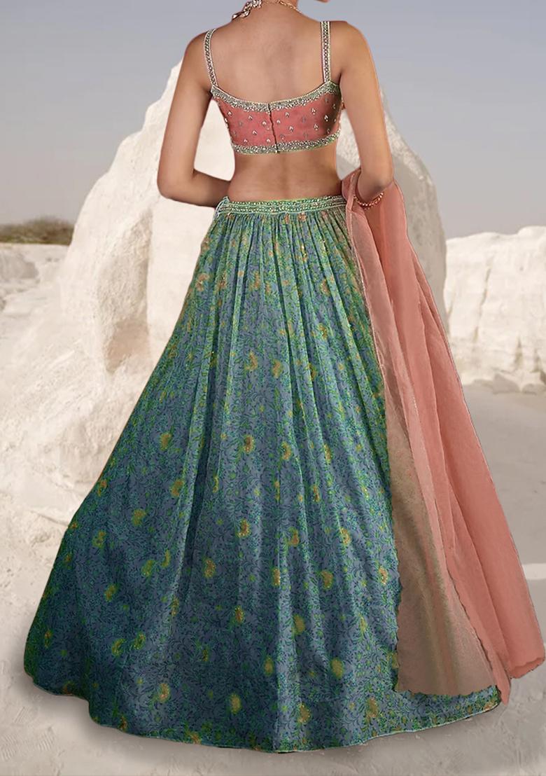 Blush Pink And Green Lehenga Set With Hand Embroidered Blouse And Dupatta