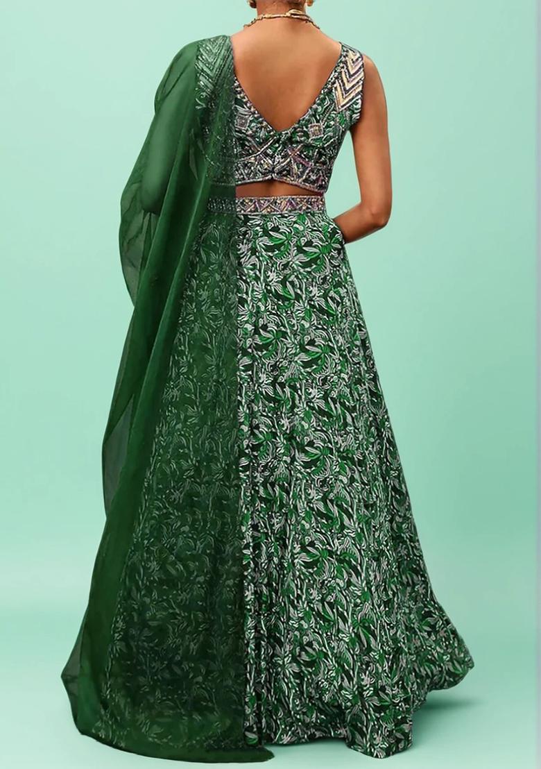 Forest Green Lehenga Set With Hand Embroidered Blouse And Dupatta