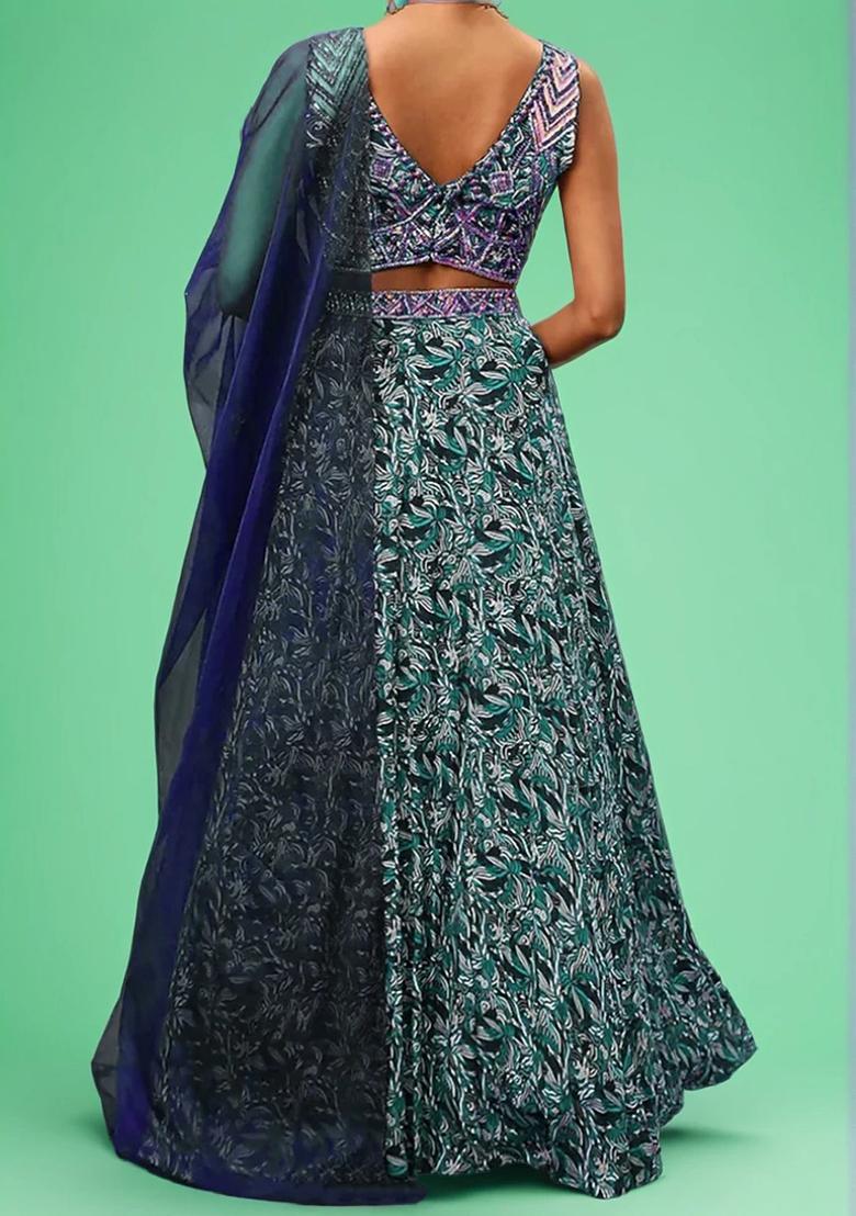 Teal Lehenga Set With Hand Embroidered Blouse And Dupatta