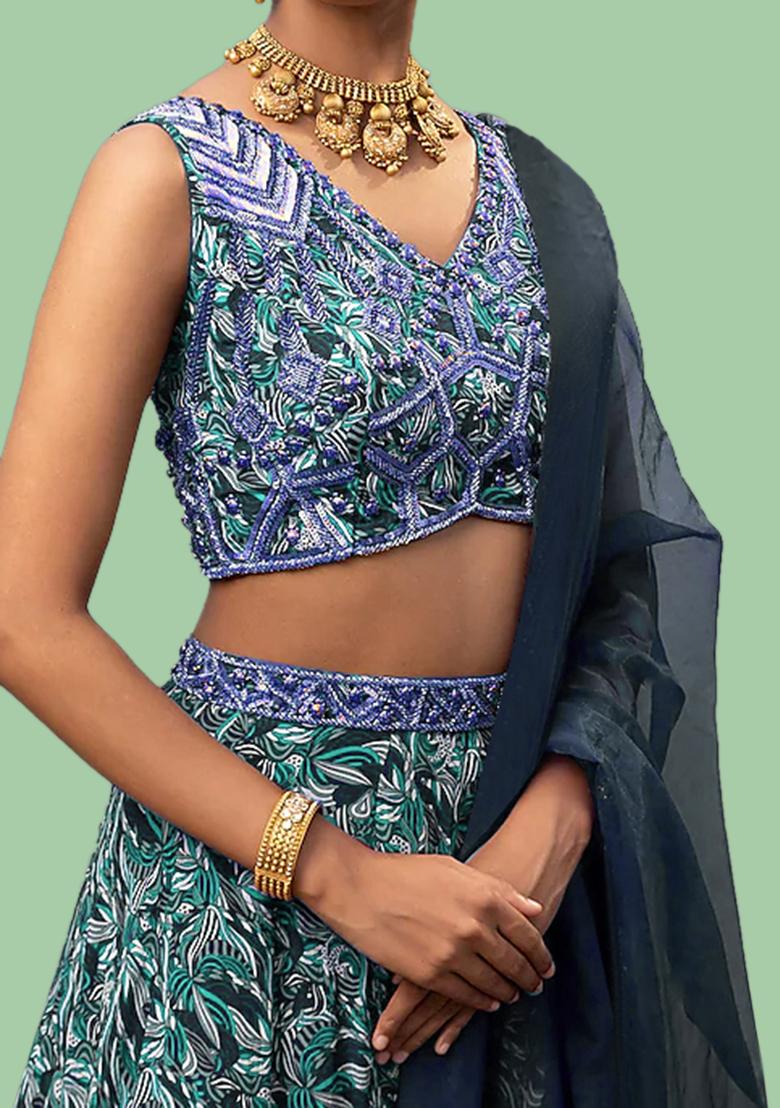 Teal Lehenga Set With Hand Embroidered Blouse And Dupatta