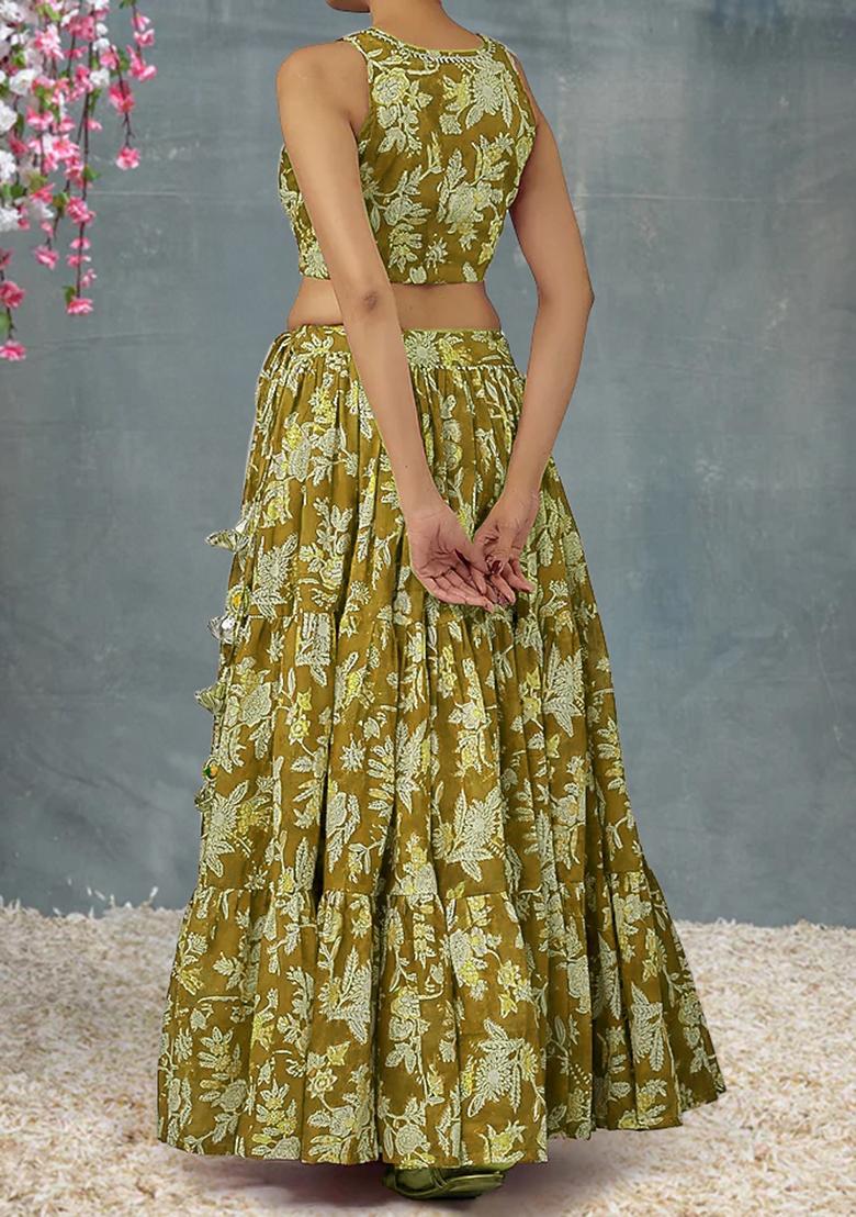 Olive Green Lehenga Set With Hand Embroidered Blouse And Dupatta