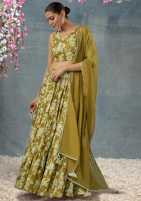 Olive Green Lehenga Set With Hand Embroidered Blouse And Dupatta