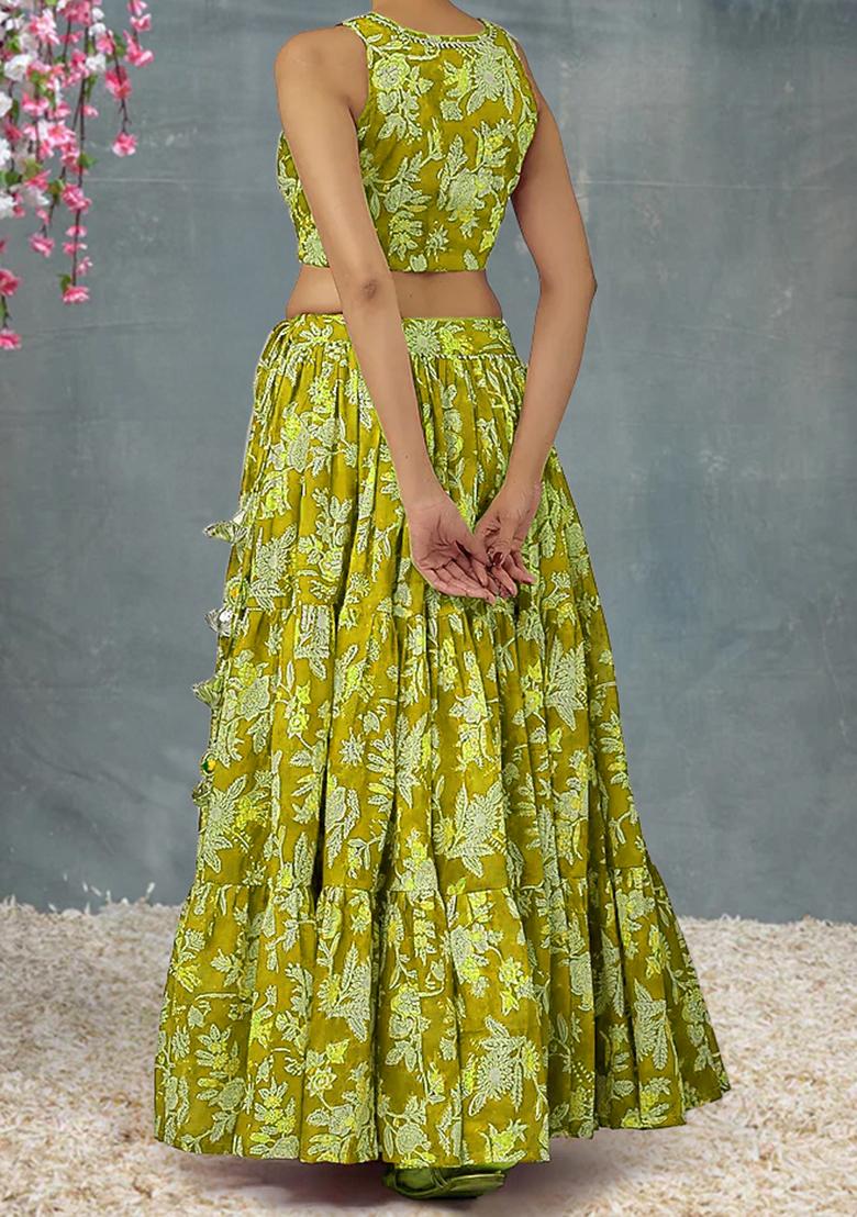 Lime Yellow Lehenga Set With Hand Embroidered Blouse And Dupatta