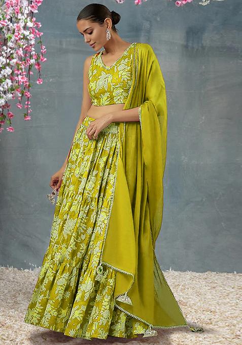 Lime Yellow Lehenga Set With Hand Embroidered Blouse And Dupatta