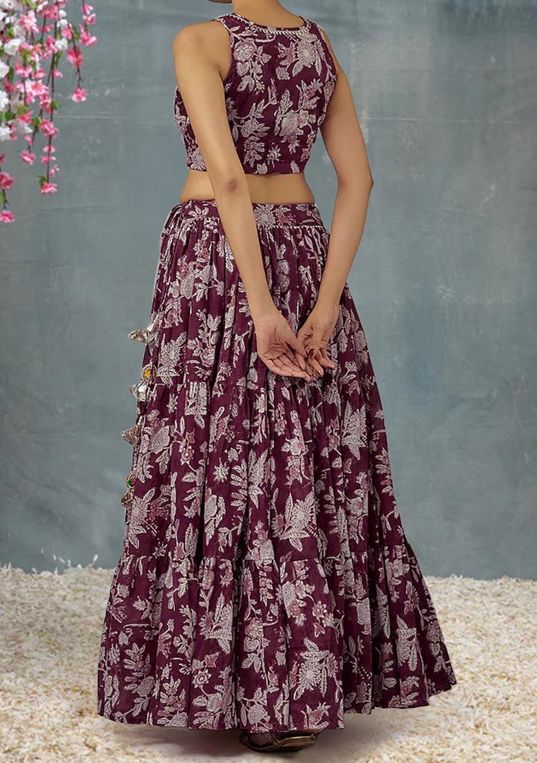 Plum Lehenga Set With Hand Embroidered Blouse And Dupatta