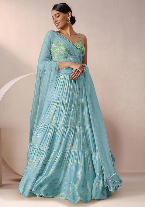 Blue Lehenga Set With Hand Embroidered Blouse And Dupatta
