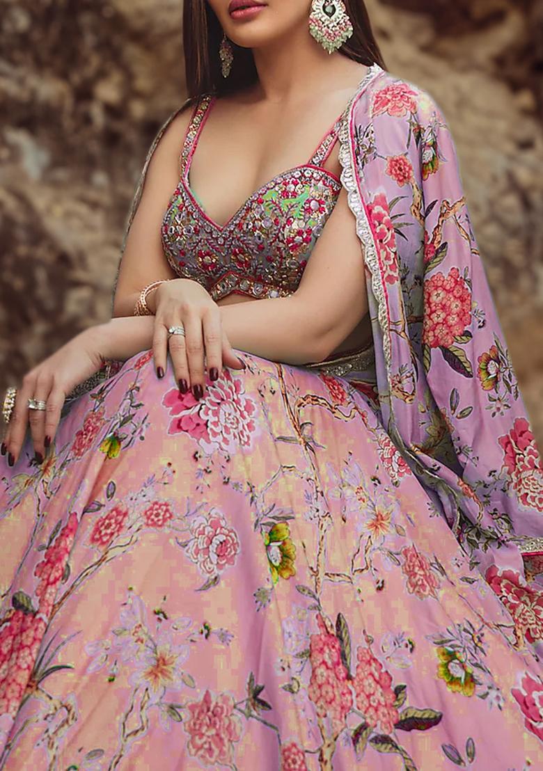 Pink Lehenga Set With Hand Embroidered Blouse And Dupatta