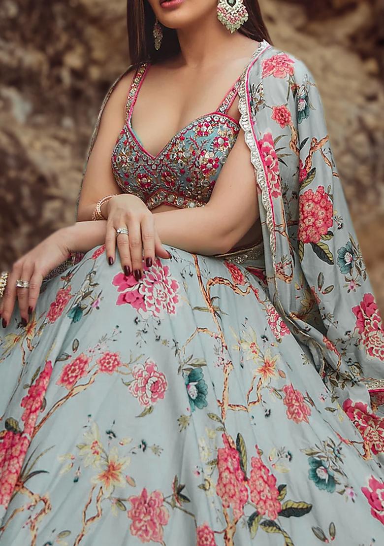 Light Blue Lehenga Set With Hand Embroidered Blouse And Dupatta
